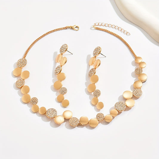 Conjunto de 2 Peças: Colar/Brincos Femininos Luxuosos e Elegantes com Degradê Dourado, Peça Redonda Irregular com Incrustação Brilhante e Super Cintilante, Estilo Boêmio com Colar de Corrente em Camadas e Peça Redonda Irregular, Acessórios de Joias Adequados para Festas Noturnas, Festas e Eventos