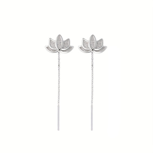 Um Par de Brincos Pendentes Elegantes para Mulheres, Com Franjas de Flor de Lótus Feitas de Prata S925, Com 1.1G de Peso. Perfeitos para Uso Diário, Primavera e Verão, Lembranças de Formatura e Celebrações Festivas.