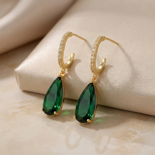 Elegant Vintage-Inspired Green Synthetic Zirconia Earrings for Women - Nickel and Copper Free, Perfect for Parties & Gifts, Teardrop Shape, Suitable for Holidays