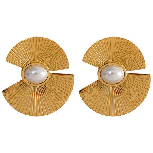 Yhpup Charm Fan Imitation Pearl Flowers Stainless Steel Hyperbolic Fashion Big Stud Earrings Trendy Personality Jewelry Women