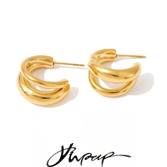 Yhpup Daily Stainless Steel Double Layer C-Shape Classic Hoop Earrings PVD Plated Versatile Geometric Fashion Jewelry Wholesale