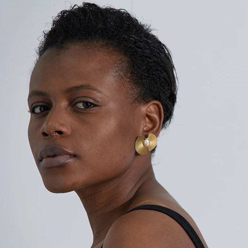 Petal Fan Studs — Pearl Accent Finish